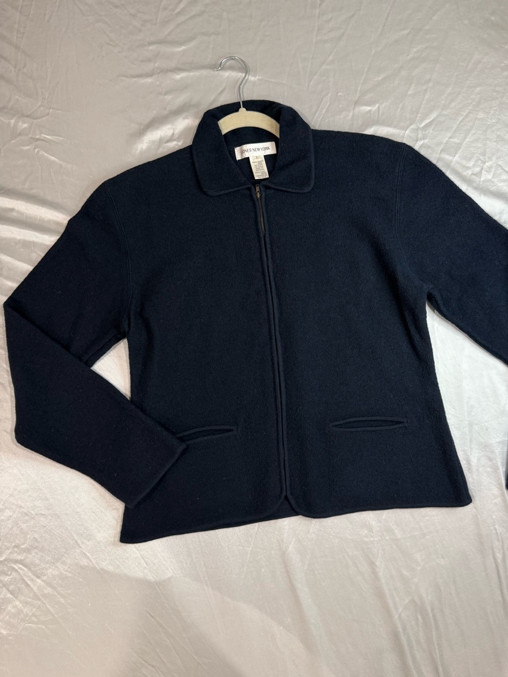 Jones New York 100% Wool Navy Blue Zip-Front Wool Sweater Jacket